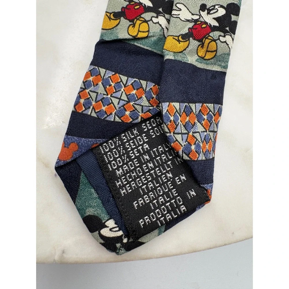 VTG Mickey Mouse Silk Tie Italy Navy Blue‎ Green 61x3.75
